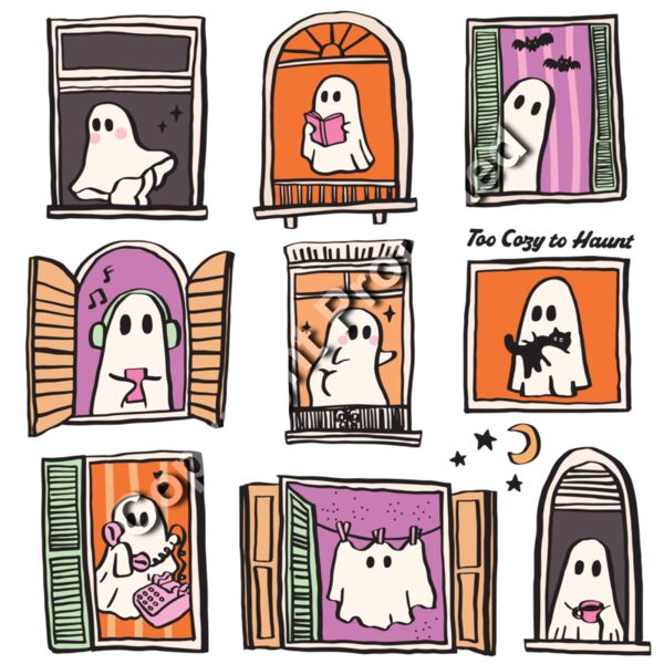 Too Cozy to Haunt – Cute Ghost Window Collage Halloween Graphic 👻✨ Thumbnail